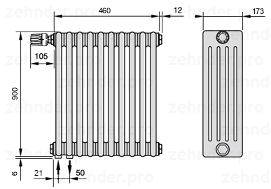 Схема (чертеж) Радиатор Zehnder Charleston 5090/10 №V001 Белый глянцевый RAL 9016